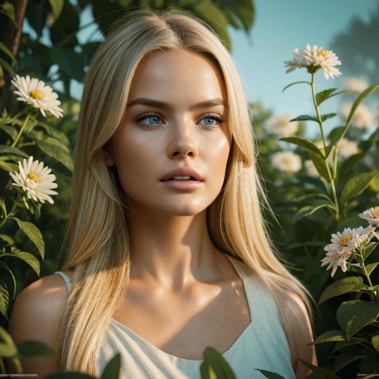 Hyper-realistic action scene in which a beautiful blonde woman closely examines the flora and fauna of America. expression of astonishment on her face, 8k, CinematicLight, Photo realistic, Octane render, centered, masterpiece, 35mm,