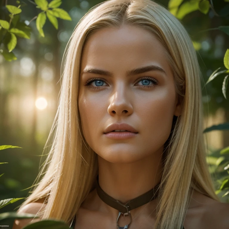 Hyper-realistic action scene in which a beautiful blonde woman closely examines the flora and fauna of America. expression of astonishment on her face, 8k, CinematicLight, Photo realistic, Octane render, centered, masterpiece, 35mm,