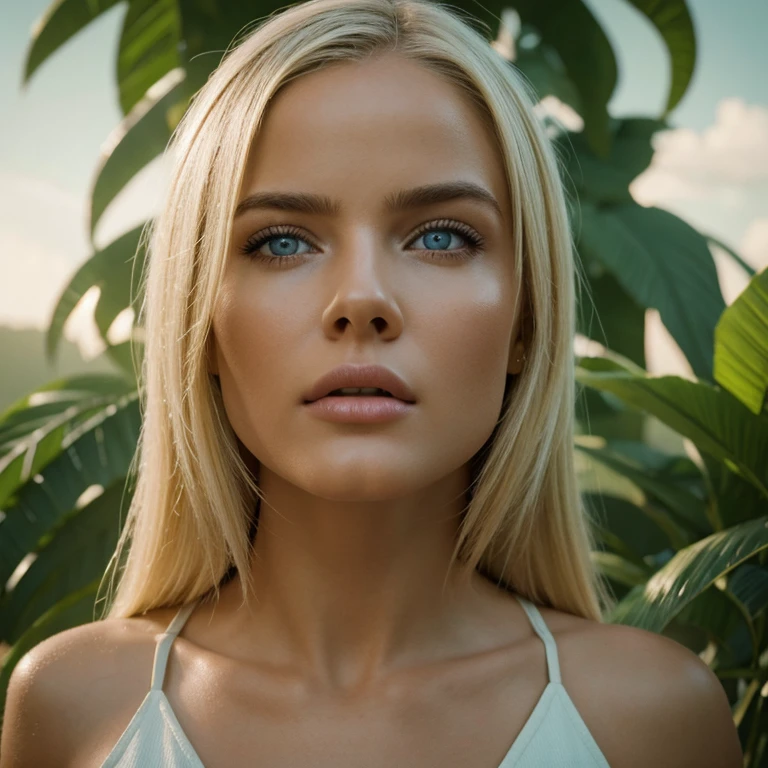 Hyper-realistic action scene in which a beautiful blonde woman closely examines the flora and fauna of America. expression of astonishment on her face, 8k, CinematicLight, Photo realistic, Octane render, centered, masterpiece, 35mm,