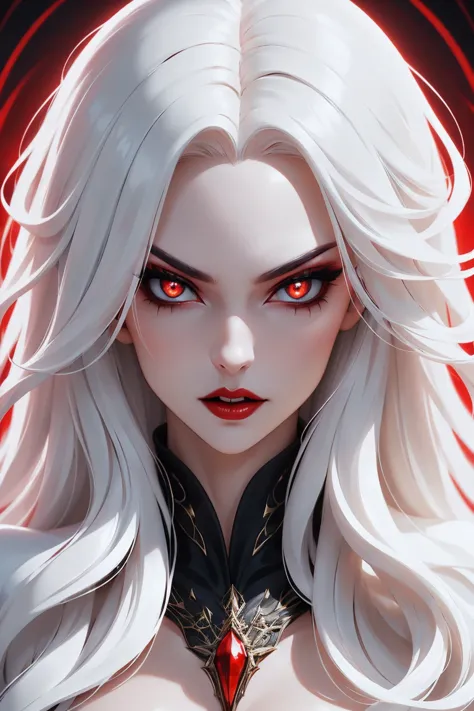 A terrifying and beautiful vampire, sexy, big tits, long white hair, Beautiful red lips, complicated eye roll, eyes red, like a ...