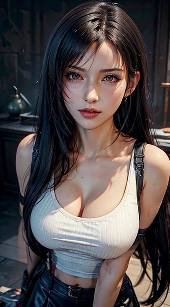 Trends on ArtStation, Trends on CGSociety, Intricate, High Detail, Sharp Focus, Dramatic, starry night sky, Tifa Lockheart of Final Fantasy, Tifa's original Final fantasy 7 costume, 25 years old, mature looking, Realistic Art of Drawing by Midjourney and Greg Rutkowski, Sketch, Masterpiece, Best Quality, Very Detailed, 1female, Half-body, head to bust image scope, buts portrait, close-up shot, white tank top and black leather skirt, standing position, Beautiful Meticulous Eyes, Cute Face, Bust, big bossoms, Beautiful Meticulous Face, White Hair, (Botanical Illustration: 1.5), no pornographical exposure, bigger breasts