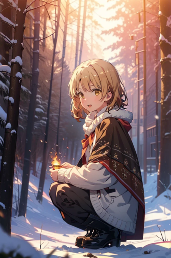 Irohaisshiki, isshiki iroha, short hair, Brown Hair, (Brown eyes:1.5), smile,
Open your mouth,snow, fire, Outdoor, boots, snowing, From the side, wood, suitcase, Cape, Blurred, Eat food, forest,nature, Brown eyes,Squat, Mouth closed, フードed Cape, winter, Written boundary depth, Black shoes, red Cape break looking at viewer, Upper Body, whole body, break Outdoor, forest, nature, break (masterpiece:1.2), Highest quality, High resolution, unity 8k wallpaper, (shape:0.8), (Beautiful and beautiful eyes:1.6), Highly detailed face, Perfect lighting, Extremely detailed CG, (Perfect hands, Perfect Anatomy),