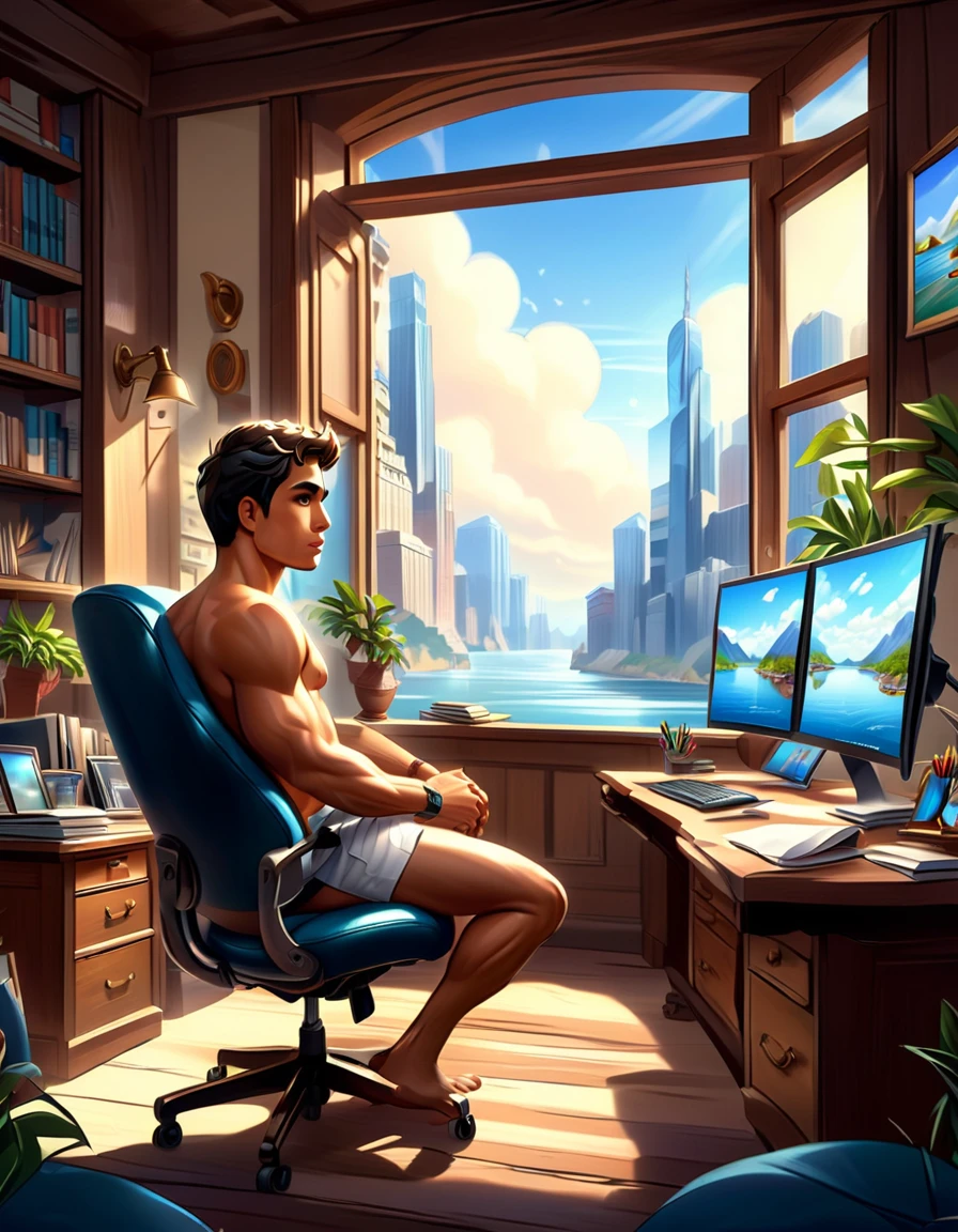 In paul chavas and psul cadmus art style, a blendmix photograph and painting, perfect divine proportion composition, 8k resolutionyoung man, perfect anatomy, young, latino, handsome, gorgeous, barefoot, skinny detailed muscles, shirtless, pantless, sit at a modern desk with multiple computer screens displaying wallstreet stadistics flowcharts, large windows to see the lake , Their workspace is neat and organized.
