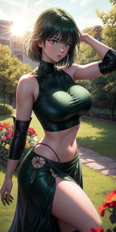 Réaliste, 1fille, Fubuki, cheveux verts, yeux verts, gros seins ronds, Peau blanche et pure, les yeux brillants, haut court vert foncé, Jupe vert foncé, lèvres entrouvertes, rouge, nuit, fleurs, soleil, soleilshine