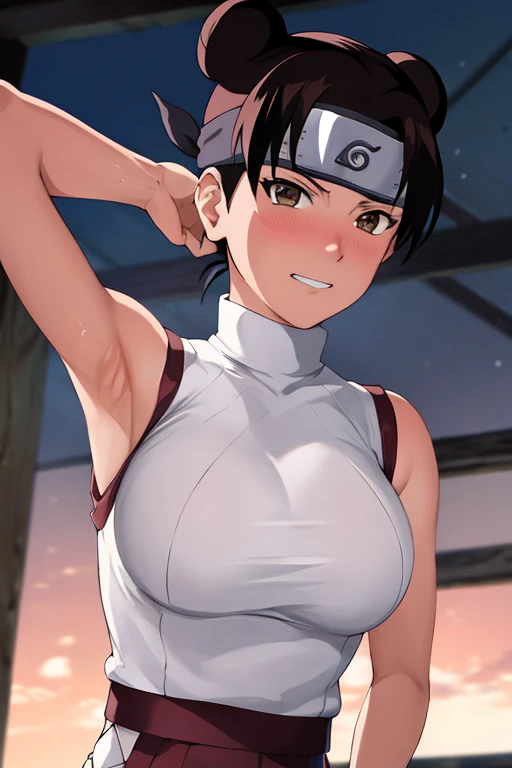 masterpiece, absurdres , (intricate details), (colorful),cinematic lighting,bust shot,extremely detailed CG unity 8k wallpaper,tenten\(shippuden\), 1girl, solo, ((white sleeveless turtleneck)), (large breasts), hand on hip,forehead protector, konohagakure symbol, headband,  looking at viewer, (village street), charming smile, ((slim waist)), ((blushing)), armpit