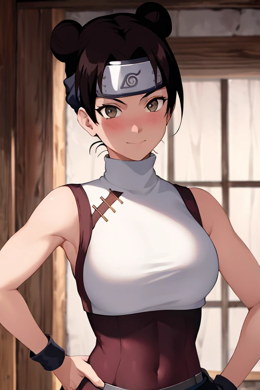 masterpiece, absurdres , (intricate details), (colorful),cinematic lighting,bust shot,extremely detailed CG unity 8k wallpaper,tenten\(shippuden\), 1girl, solo, ((white sleeveless turtleneck)), (large breasts), hand on hip,forehead protector, konohagakure symbol, headband,  looking at viewer, (village street), charming smile, ((slim waist)), ((blushing)), armpit