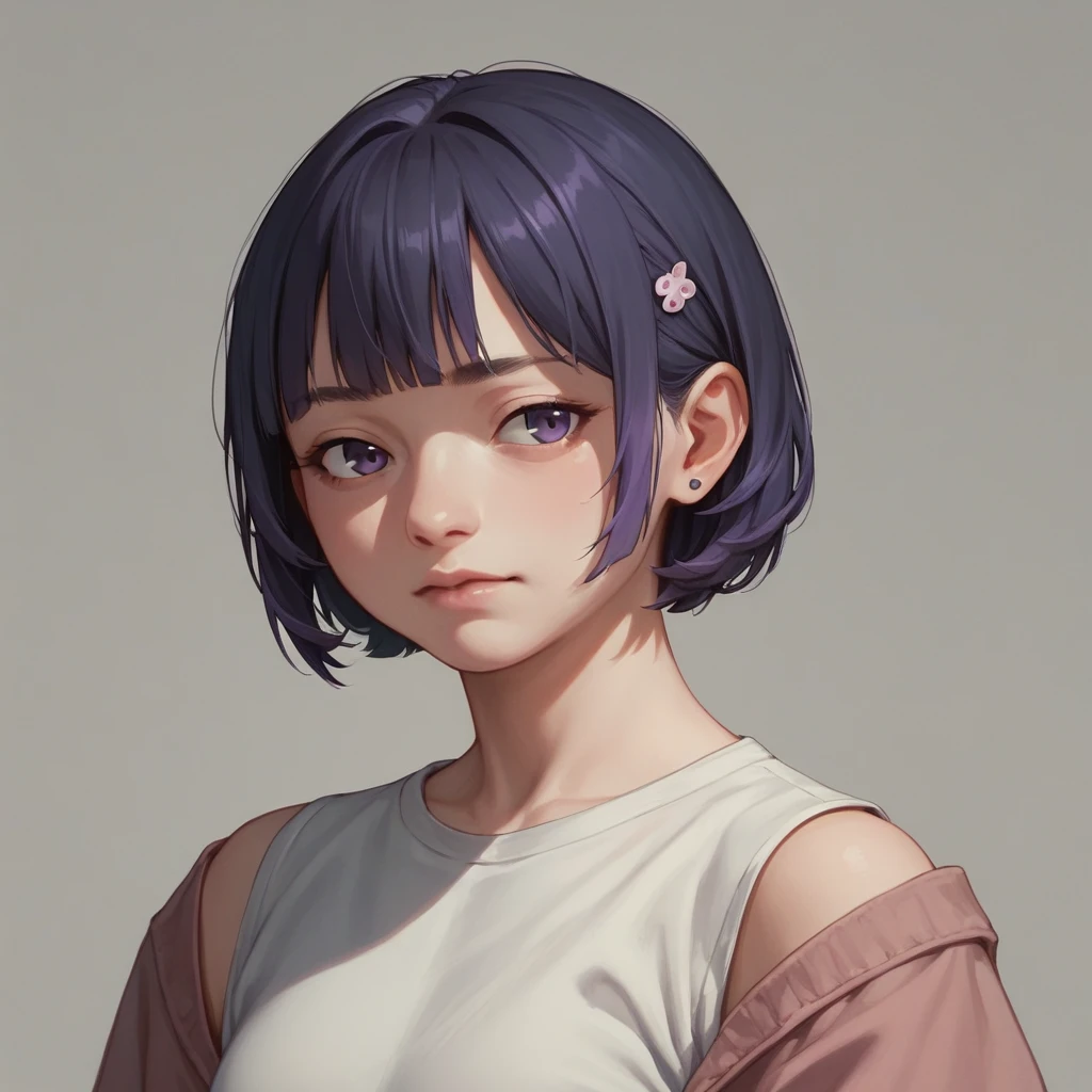 Mimi Lubi with short black hair and purple bangs 