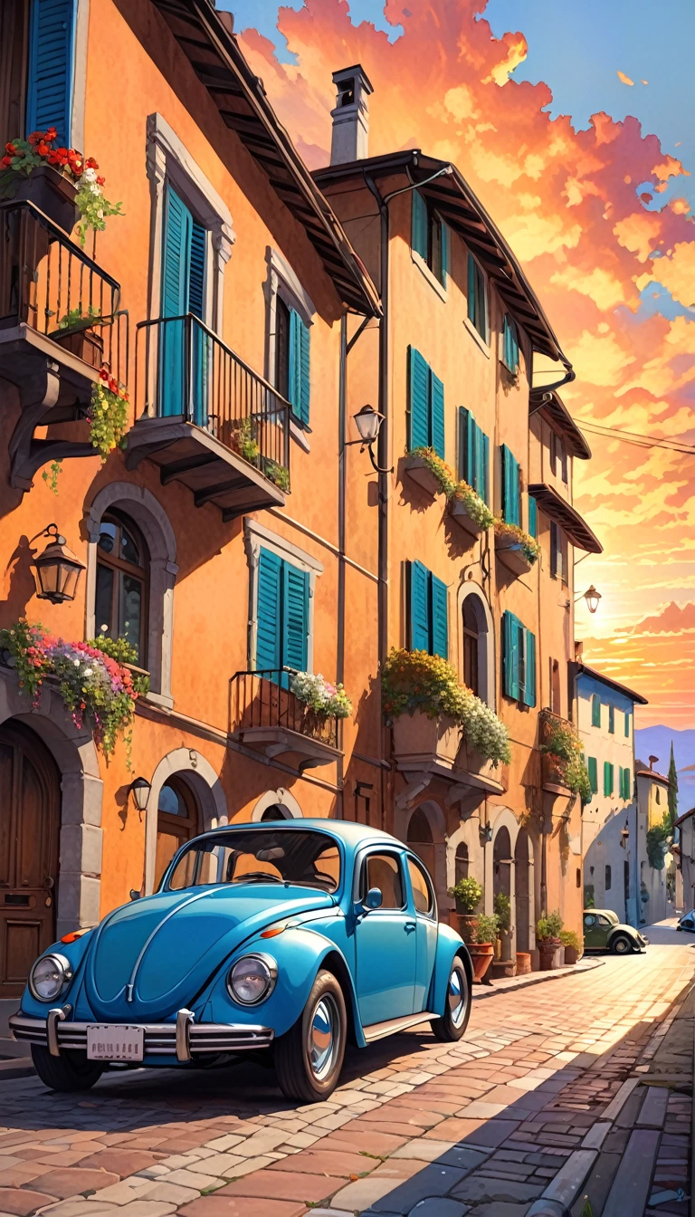 street of an Italian village, classic car beetle parked, beautiful streets and old houses, clothes hanging, many details, great view, clouds, sunset (art inspired by Bill Sienkiewicz , oil painting)