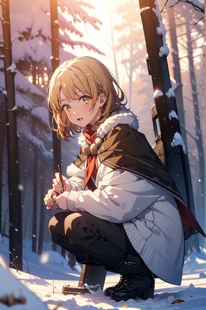 Irohaisshiki, isshiki iroha, short hair, Brown Hair, (Brown eyes:1.5), smile,
Open your mouth,snow, fire, Outdoor, boots, snowing, From the side, wood, suitcase, Cape, Blurred, Eat food, forest,nature, Brown eyes,Squat, Mouth closed, フードed Cape, winter, Written boundary depth, Black shoes, red Cape break looking at viewer, Upper Body, whole body, break Outdoor, forest, nature, break (masterpiece:1.2), Highest quality, High resolution, unity 8k wallpaper, (shape:0.8), (Beautiful and beautiful eyes:1.6), Highly detailed face, Perfect lighting, Extremely detailed CG, (Perfect hands, Perfect Anatomy),
