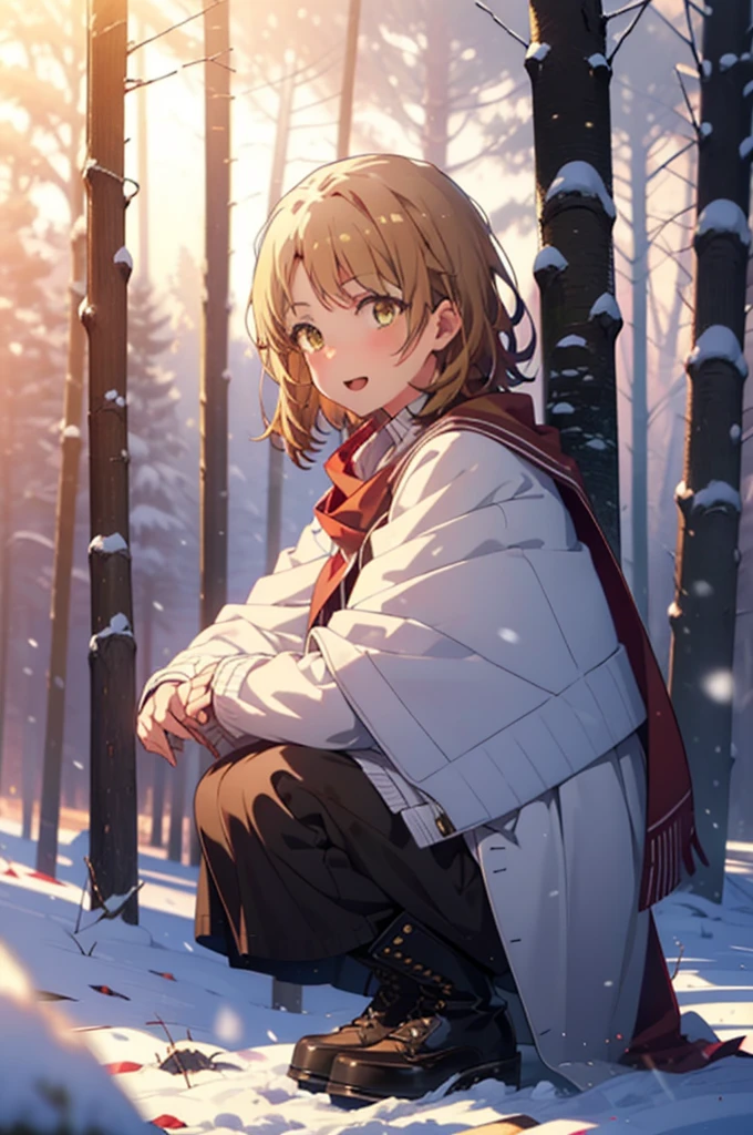 Irohaisshiki, isshiki iroha, short hair, Brown Hair, (Brown eyes:1.5), smile,
Open your mouth,snow, fire, Outdoor, boots, snowing, From the side, wood, suitcase, Cape, Blurred, Eat food, forest,nature, Brown eyes,Squat, Mouth closed, フードed Cape, winter, Written boundary depth, Black shoes, red Cape break looking at viewer, Upper Body, whole body, break Outdoor, forest, nature, break (masterpiece:1.2), Highest quality, High resolution, unity 8k wallpaper, (shape:0.8), (Beautiful and beautiful eyes:1.6), Highly detailed face, Perfect lighting, Extremely detailed CG, (Perfect hands, Perfect Anatomy),