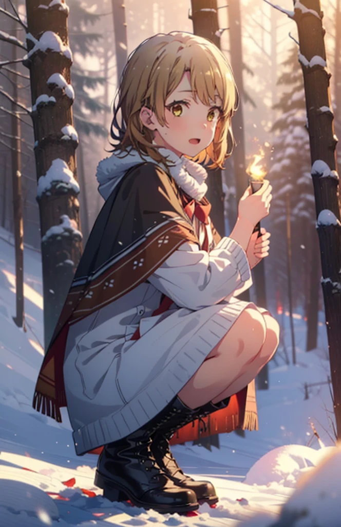 Irohaisshiki, isshiki iroha, short hair, Brown Hair, (Brown eyes:1.5), smile,
Open your mouth,snow, fire, Outdoor, boots, snowing, From the side, wood, suitcase, Cape, Blurred, Eat food, forest,nature, Brown eyes,Squat, Mouth closed, フードed Cape, winter, Written boundary depth, Black shoes, red Cape break looking at viewer, Upper Body, whole body, break Outdoor, forest, nature, break (masterpiece:1.2), Highest quality, High resolution, unity 8k wallpaper, (shape:0.8), (Beautiful and beautiful eyes:1.6), Highly detailed face, Perfect lighting, Extremely detailed CG, (Perfect hands, Perfect Anatomy),