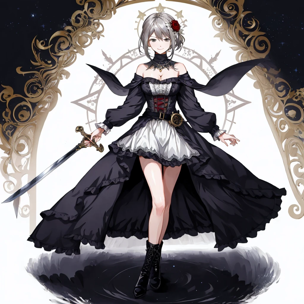  ((best quality)), ((masterpiece)), (detailed), 1girl, Character design, female, dynamic poses, long white grey hair, grey white eyes, very skinny, detailed, best quality, no accesoires around the neck, prominent collarbones, skinny arms, full body, blank white background, plain background, white background, ((red and white clothing)), Bloodborne inspired, occult aesthetic, occult, detailed and intricate steampunk and detailed gothic, Very dramatic and cinematic lighting, cosmic horror, grim-dark, side-lighting, perfect face,  Fluttering lace flared long knee length dress with frilly petticoats, knee length dress, pleated petticoats, petticoats gothic, complex lace boots, side-lighting, gothic aesthetic, wielding a mighty sword with mechanical components, mandalas, small breasts, a fairy, various different types of insect wings,full body, whole body, white holy clothes,white holy clothes,((evil smile)),