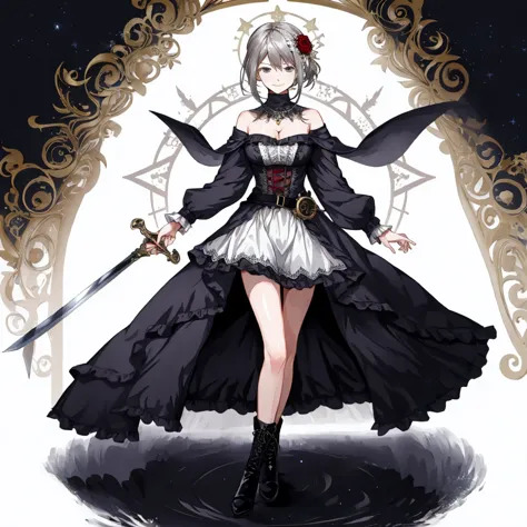  ((best quality)), ((masterpiece)), (detailed), 1girl, Character design, female, dynamic poses, long white grey hair, grey white...