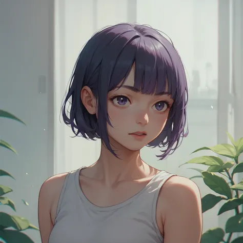 mimi lubi with short black hair and purple bangs