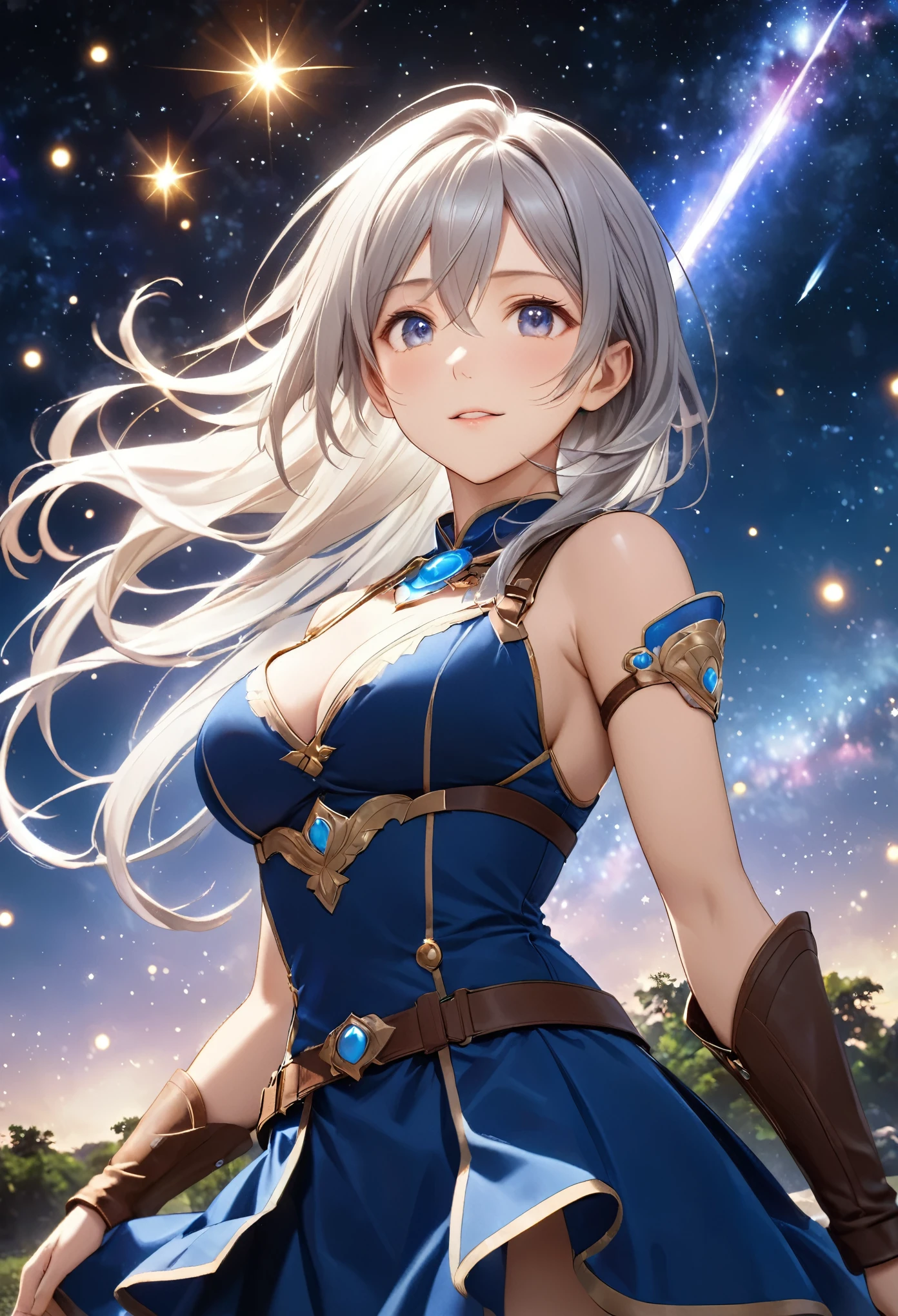 Highest quality, Super quality, 16K, Incredibly absurd, Very detailed, 2.5D, delicate and dynamic, battlefield, Small faint lights and flying fireflies, night, Starry Sky, milky way, nebula, shooting star, Extremely delicate facial expression, Delicate eye depiction, Upper body close-up, sole sexy lady, healthy shaped body, 22 years old lady, final fantacy xvi Jill Warrick, 170cm tall, big firm bouncing busts, white silver long hair, Jill Warrickのコスチューム, blue long skirt, brown leather long boots, Summon Shiva