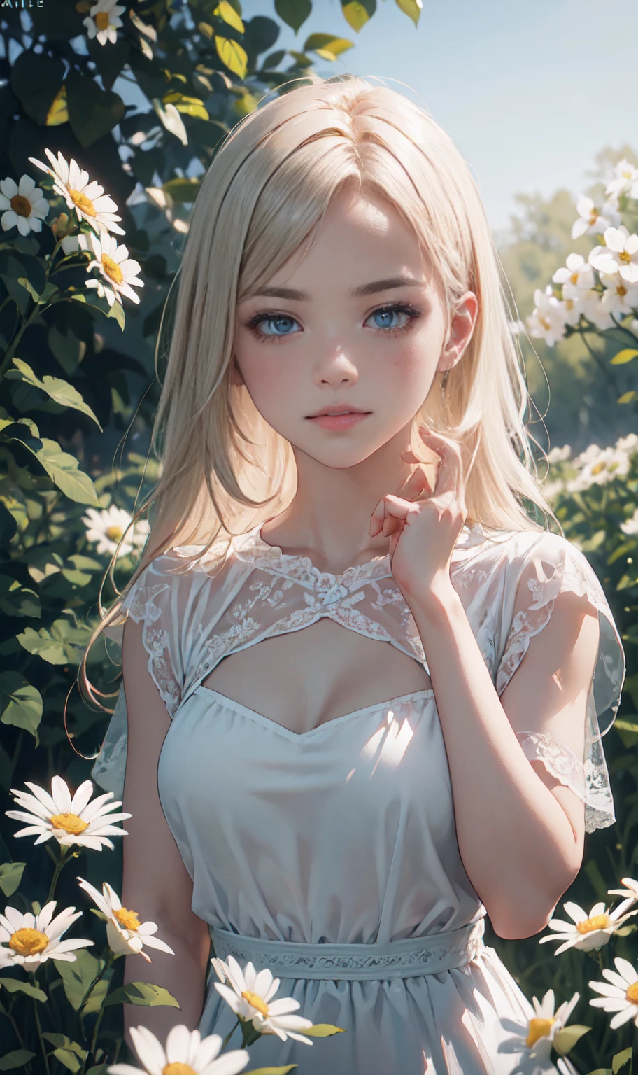 1 girl in a field of flowers, white flower, looking at the viewer, blue eyes, blonde hair, daisy, long hair, pure white dress, best quality, 4k, 8k, highres, masterpiece:1.2, ultra-detailed, realistic, photorealistic, photo-realistic:1.37, HDR, UHD, studio lighting, ultra-fine painting, sharp focus, physically-based rendering, extreme detail description, professional, vivid colors, bokeh, portrait, fantasy, cinematic lighting, natural lighting, soft focus, ethereal, serene, tranquil, dreamy