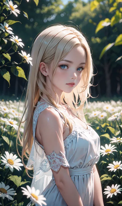 1 girl in a field of flowers, white flower, looking at the viewer, blue eyes, blonde hair, daisy, long hair, pure white dress, b...