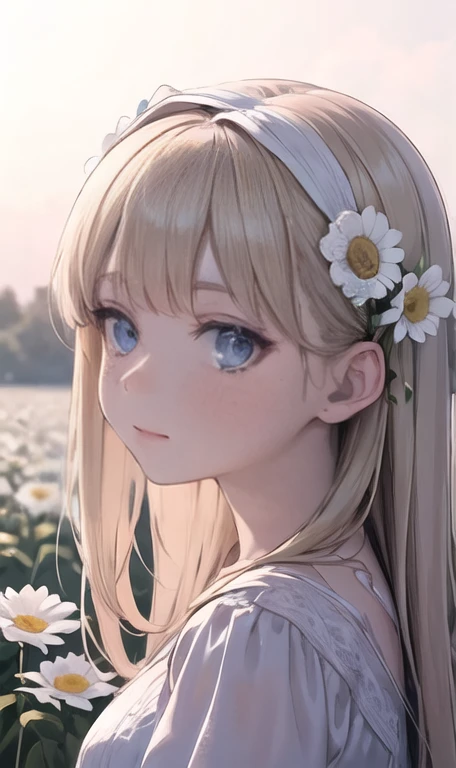 1 girl in a field of flowers, white flower, looking at the viewer, blue eyes, blonde hair, daisy, long hair, pure white dress, best quality, 4k, 8k, highres, masterpiece:1.2, ultra-detailed, realistic, photorealistic, photo-realistic:1.37, HDR, UHD, studio lighting, ultra-fine painting, sharp focus, physically-based rendering, extreme detail description, professional, vivid colors, bokeh, portrait, fantasy, cinematic lighting, natural lighting, soft focus, ethereal, serene, tranquil, dreamy