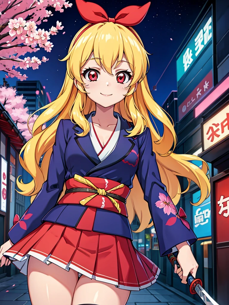 absurdres, absolutely resolution, incredibly absurdres, highres, ultra detailed, official art, unity 8k wallpaper,
BREAK
1 girl, soro, long hair, blonde hair, bow, kimono blazer, kimono skirt, over black legwear,, doyagao, smile, red eyes, kimono, cherry blossom print,
BREAK
holding weapon, holding katana, (katana:1.2), fighting stance, cowboy shot,
BREAK
(cyberpunk:1.1), cyber city, neon city, cyber street, japanese night, cherry blossoms, sakura fubuki, Ichigo Hoshimiya (Aikatsu!)