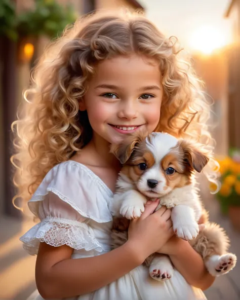 a tender moment captured on camera: a sweet young girl, with bright smile and curly locks, cradles a tiny puppy in her arms. the...