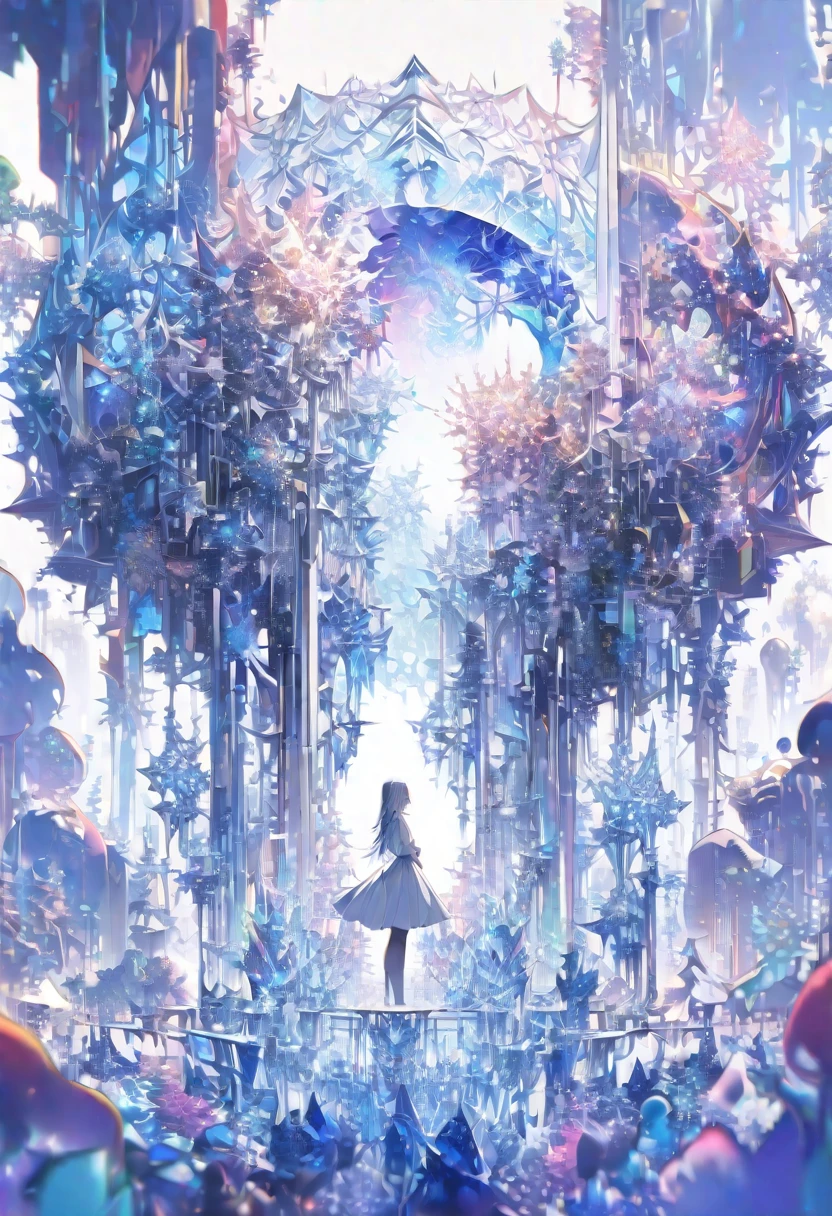 ((masterpiece)), (anime:1.3), ((Highest quality)), (Abstract art:1.5), (High resolution), (pale colour), Wide Shot, (Fractal structure:1.5), (Simple white background:1.6), landscape, (beautiful), (Biological atmosphere), deep sea, (pretty girl), (Hollow Eyes), (profile), beautiful白い髪, (Are crying), transparent　Glass　ice　mirror　Blue rose　crystal