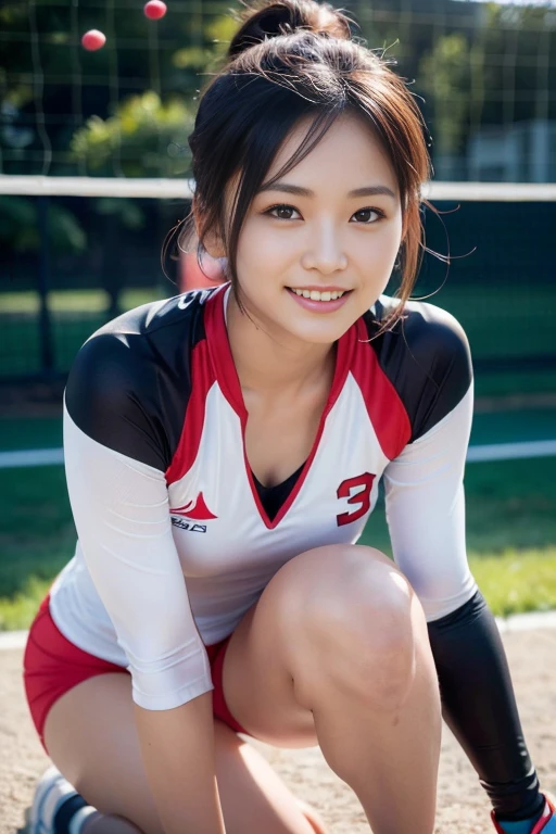 (Una bella jugadora de voleibol coreana., 23 años, vistiendo un jersey sintético ligero y ajustado blanco, pantalones cortos de spandex rojo, Tobilleras y rodilleras, posando para un evento de filantropía, Expresión elegante, sonrisa amable, hoyuelo en la barbilla, lindo diente enredado, cola de caballo, cara simétrica, hermoso rostro detallado, hermosos ojos detallados, proporciones corporales perfectas, pecho amplio y redondo, Fotorrealista, Hiperrealismo, alto contraste, ultra alta definición, texturas de piel realistas, Calidad de imagen superior, de primera calidad, súper alta resolución, finos detalles, Muy meticulosamente, obra maestra, De la cabeza a las rodillas, Tiro de ángulo alto, Atmósfera positiva, fondo bokeh)