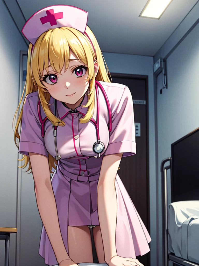 masterpiece best quality anime style 4k beautiful face(nurse cap nurse costume mini skirt)(consultation Stethoscope and medical Check leaning forward in hospital room))fAngle from below hospital bed room showing panties　Blonde_HAIR