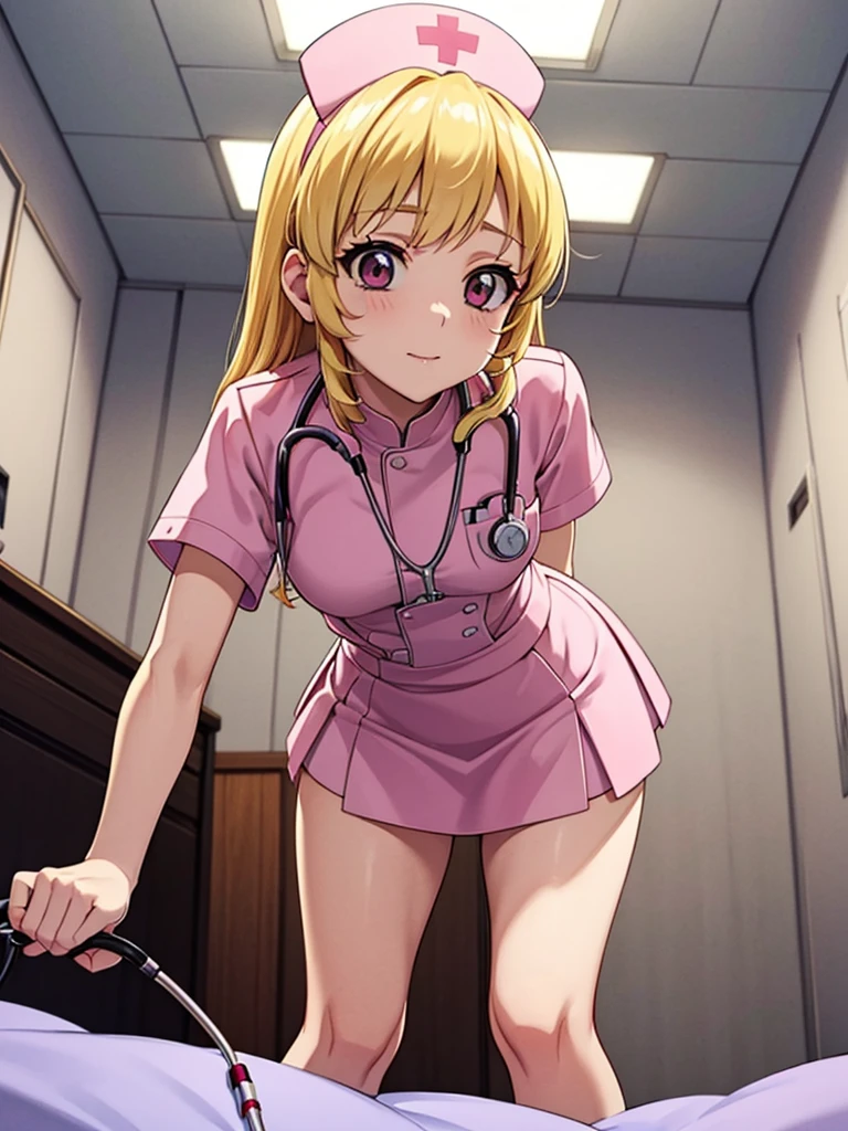 masterpiece best quality anime style 4k beautiful face(nurse cap nurse costume mini skirt)(consultation Stethoscope and medical Check leaning forward in hospital room))fAngle from below hospital bed room showing panties　Blonde_HAIR