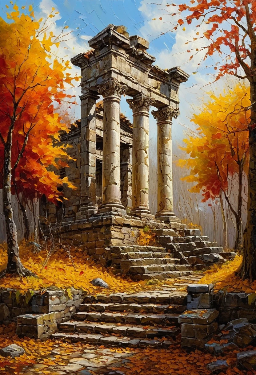 , late autumn ruins, high quality, highly detailed, illustration, impasto, canvas, oil painting, fantasy,