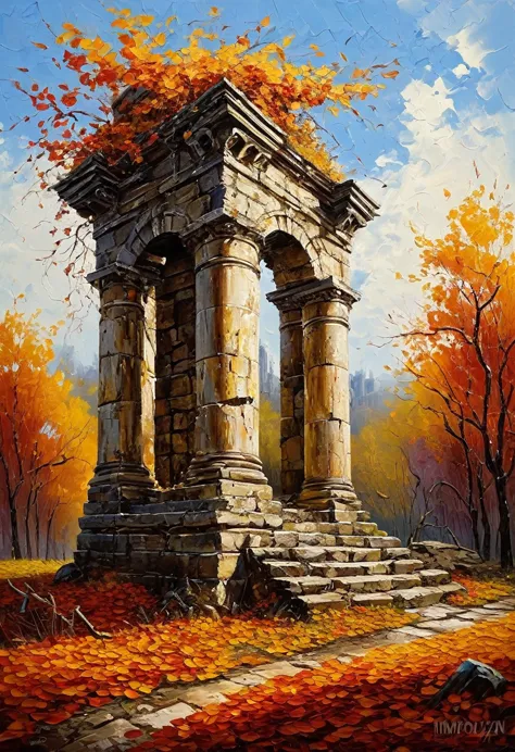 , late autumn ruins, high quality, highly detailed, illustration, impasto, canvas, oil painting, fantasy,
