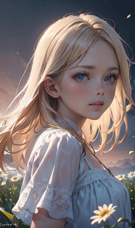 1 girl in a field of flowers, white flower, looking at the viewer, blue eyes, blonde hair, daisy, long hair, pure white dress, best quality, 4k, 8k, highres, masterpiece:1.2, ultra-detailed, realistic, photorealistic, photo-realistic:1.37, HDR, UHD, studio lighting, ultra-fine painting, sharp focus, physically-based rendering, extreme detail description, professional, vivid colors, bokeh, portrait, fantasy, cinematic lighting, natural lighting, soft focus, ethereal, serene, tranquil, dreamy