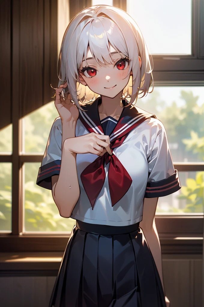 ((masterpiece,Highest quality, High resolution)), One girl, alone, Red eyes, Short white hair, smile, , White Seraphim, Red Sailor Collar, Short sleeve, White pleated skirt, (On the school route), Dramatic Light, afternoon light through the window, afternoon, Bokeh effect