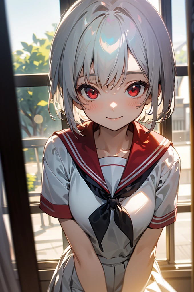 ((masterpiece,Highest quality, High resolution)), One girl, alone, Red eyes, Short white hair, smile, , White Seraphim, Red Sailor Collar, Short sleeve, White pleated skirt, (On the school route), Dramatic Light, afternoon light through the window, afternoon, Bokeh effect