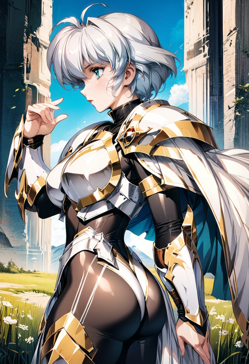 ((highest quality)), ((masterpiece)), ((hyperrealistic)), (detailed background), shoot from side, anime style, solo, 1girl, langrisser, ((curvy: 1.2)), kawaii, ((armor dress: 1.3)), silver short hair, ahoge, (white paladin armor), ((high neck leotard bodysuit)), ((large breasts)), ((arm guard gauntlet)), (breastplate), waist armor, ((see-through black bodystocking)), (big butt), perfect cloak, beautiful aqua eyes, perfect face, Perfect hands, perfect fingers, Blue sky and grassland,