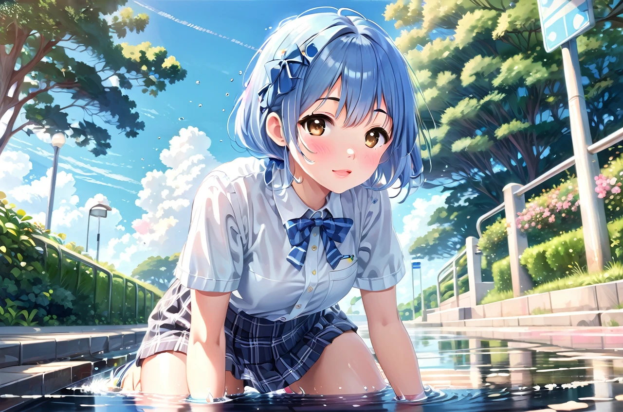 master piece, extremely detailed, high resolution, Makoto Shinkai style, high school girl, short sleeve shirt, blue bow tie, checkered mini skirt, elbows at sides, arms clenched, blue hair, glossy plump lips, pink lips, glossy hair, stone steps in the background of a park with an ocean view, blue summer sky, mouth closed and happy expression, medium long hair, braids, ribbon hair accessory, curious eyes, brown eyes, mid-bust, slim waist, upper body only, girl reflected in puddle, squatting over puddle, fullbody, wearing loafers,