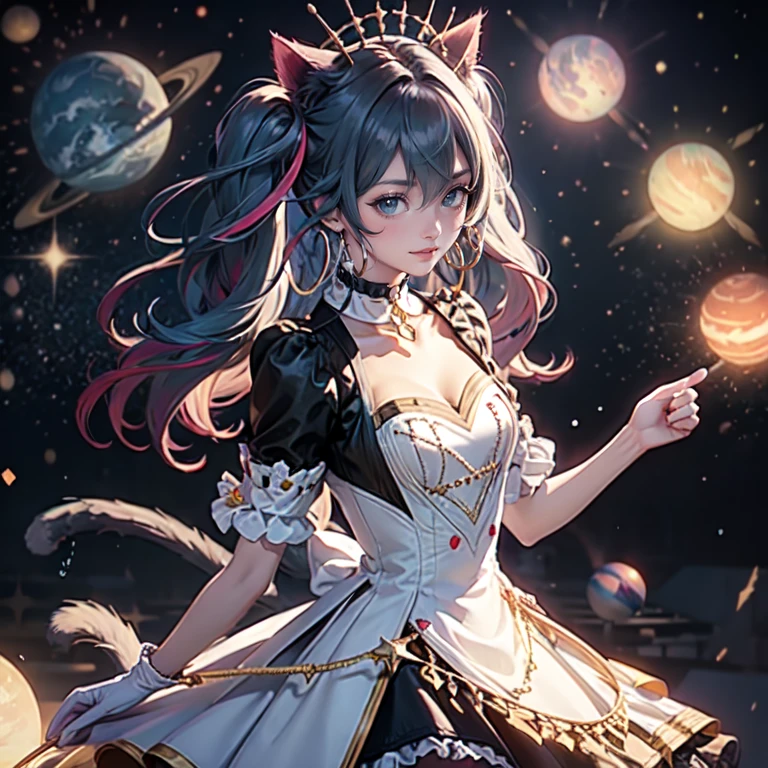 1girl, white maid dress, jewelry, aqua hair, flowing hair, long hair, maid dress with a short skirt and layers, white laces, white boots, white dress with transparency, gold details on her clothes, cat ears, animal ears,  more details, perfectly body, perfectly hands, two hands, two legs, two arms, five fingers, glowing hair, best quality, cat ears, animal ears, white gloves, cat tail, alone, maid headdress, choker, detached sleeves, maid dress, maid white dress, strapless, masterpeice, best quality, detailed face, night, asymmetrical gloves, bangs, white short skirt , earrings, elbow gloves, fishnet thighhighs, fishmasterpeice, solo, best quality, detailed face, hair between eyes, jewelry, looking at viewer, single earring, sky, sleeveless, solo, thigh boots, thighhighs, tongue, tongue out, uneven gloves, cat ears, animal ears, cat tail, solo, alone, Looking at the viewer, magenta roses on her hair, space scenery, maid, maid dress, magenta details, maid headdress, maid apron, purple hair, long hair, seat on the Saturn rings, more details on her clothes, gold details on her clothes, space, smiling, standing her hand to a viewer, looking at the viewer, in the background a several asteroids glowing with fiery auras, Dramatic lighting from distant stars and planets illuminates the scene, looking at the vast and mysterious universe, cowboy shot, upper body portrait, more details, sparkle,