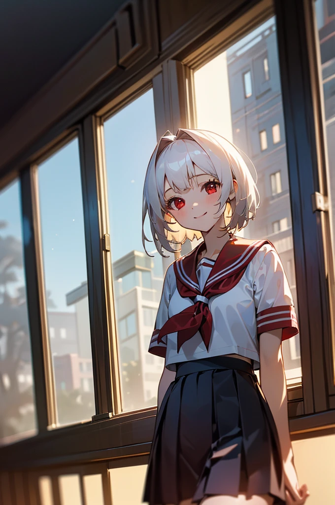 ((masterpiece,Highest quality, High resolution)), One girl, alone, Red eyes, Short white hair, smile, , White Seraphim, Red Sailor Collar, Short sleeve, White pleated skirt, (On the school route), Dramatic Light, afternoon light through the window, afternoon, Bokeh effect