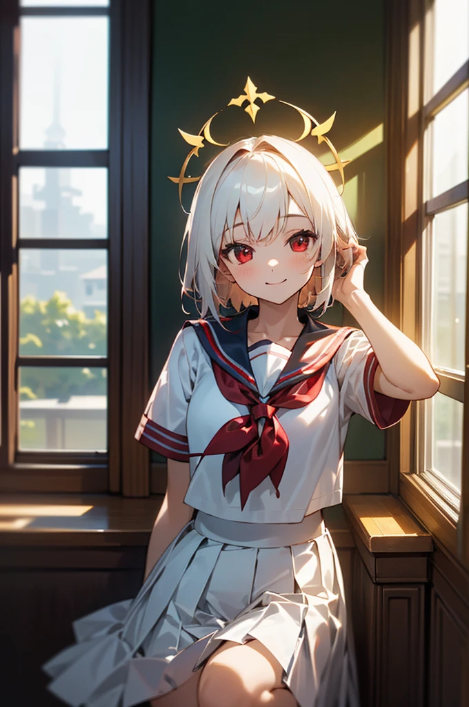 ((masterpiece,Highest quality, High resolution)), One girl, alone, Red eyes, Short white hair, smile, , White Seraphim, Red Sailor Collar, Short sleeve, White pleated skirt, (On the school route), Dramatic Light, afternoon light through the window, afternoon, Bokeh effect