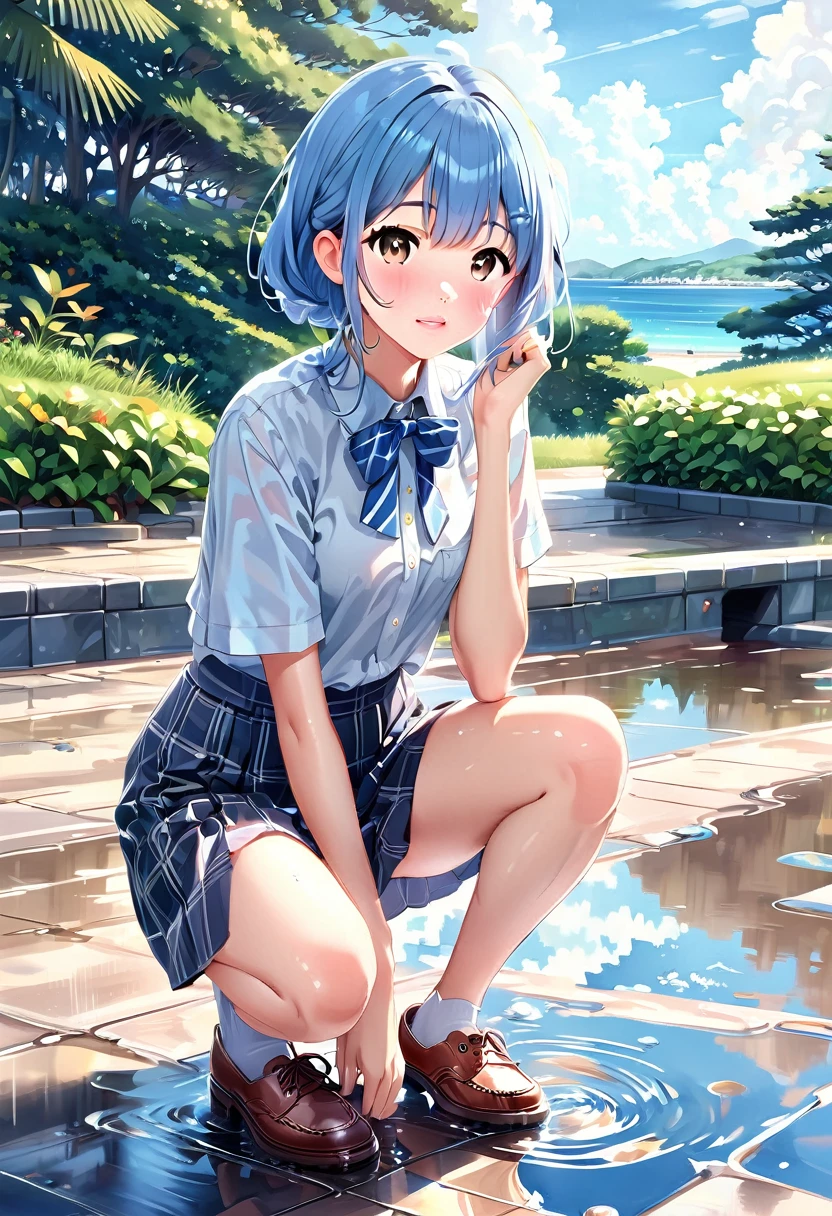 master piece, extremely detailed, high resolution, Makoto Shinkai style, high school girl, short sleeve shirt, blue bow tie, checkered mini skirt, elbows at sides, arms clenched, blue hair, glossy plump lips, pink lips, glossy hair, stone steps in the background of a park with an ocean view, blue summer sky, mouth closed and happy expression, medium long hair, braids, ribbon hair accessory, curious eyes, brown eyes, mid-bust, slim waist, upper body only, girl reflected in puddle, squatting over puddle, fullbody, wearing loafers,