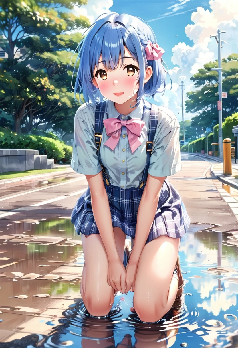 master piece, extremely detailed, high resolution, Makoto Shinkai style, high school girl, short sleeve shirt, blue bow tie, checkered mini skirt, elbows at sides, arms clenched, blue hair, glossy plump lips, pink lips, glossy hair, stone steps in the background of a park with an ocean view, blue summer sky, mouth closed and happy expression, medium long hair, braids, ribbon hair accessory, curious eyes, brown eyes, mid-bust, slim waist, upper body only, girl reflected in puddle, squatting over puddle, fullbody, wearing loafers,