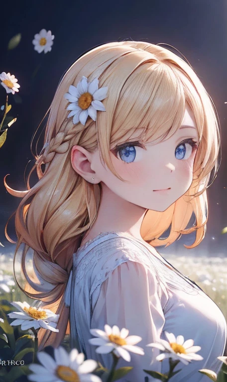 1 girl in a field of flowers, white flower, looking at the viewer, blue eyes, blonde hair, daisy, long hair, pure white dress, best quality, 4k, 8k, highres, masterpiece:1.2, ultra-detailed, realistic, photorealistic, photo-realistic:1.37, HDR, UHD, studio lighting, ultra-fine painting, sharp focus, physically-based rendering, extreme detail description, professional, vivid colors, bokeh, portrait, fantasy, cinematic lighting, natural lighting, soft focus, ethereal, serene, tranquil, dreamy