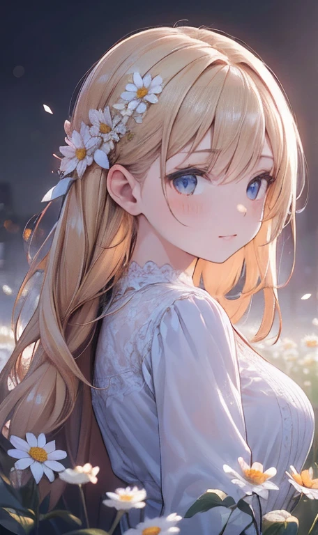 1 girl in a field of flowers, white flower, looking at the viewer, blue eyes, blonde hair, daisy, long hair, pure white dress, best quality, 4k, 8k, highres, masterpiece:1.2, ultra-detailed, realistic, photorealistic, photo-realistic:1.37, HDR, UHD, studio lighting, ultra-fine painting, sharp focus, physically-based rendering, extreme detail description, professional, vivid colors, bokeh, portrait, fantasy, cinematic lighting, natural lighting, soft focus, ethereal, serene, tranquil, dreamy