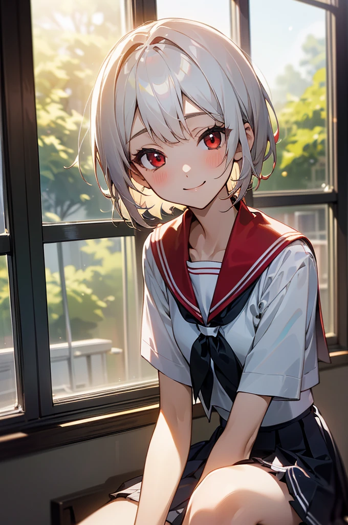 ((masterpiece,Highest quality, High resolution)), One girl, alone, Red eyes, Short white hair, smile, , White Seraphim, Red Sailor Collar, Short sleeve, White pleated skirt, (On the school route), Dramatic Light, afternoon light through the window, afternoon, Bokeh effect