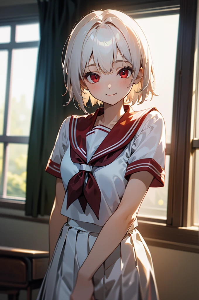((masterpiece,Highest quality, High resolution)), One girl, alone, Red eyes, Short white hair, smile, , White Seraphim, Red Sailor Collar, Short sleeve, White pleated skirt, (On the school route), Dramatic Light, afternoon light through the window, afternoon, Bokeh effect