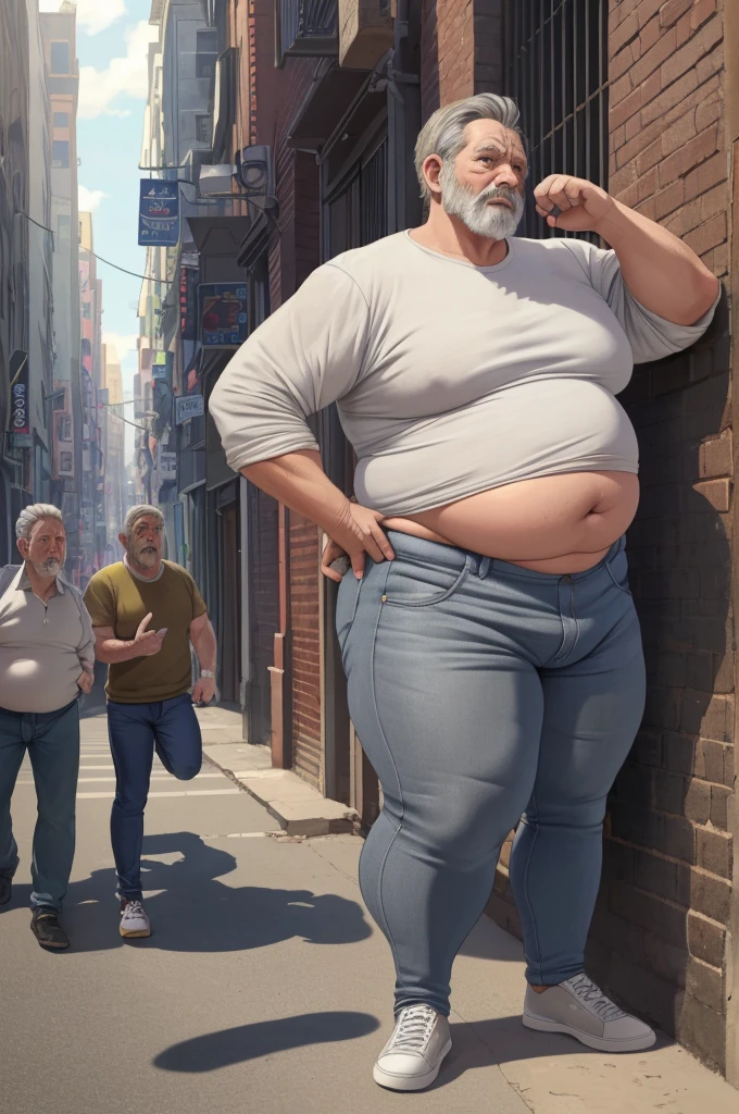 fat, (old man:1.1),(grey haired:1.1),(dude:1.1),(little tummy:1.1),(thick massive legs:1.1),(skin-tight:1.1),(blue jeans:1.1),(portrait),(photorealistic),(professional),(vivid colors),(strong light and shadow),(wrinkles),(weathered face),(wise, experienced expression),(relaxed posture),(urban background),(crowded street),(nostalgic color tones)