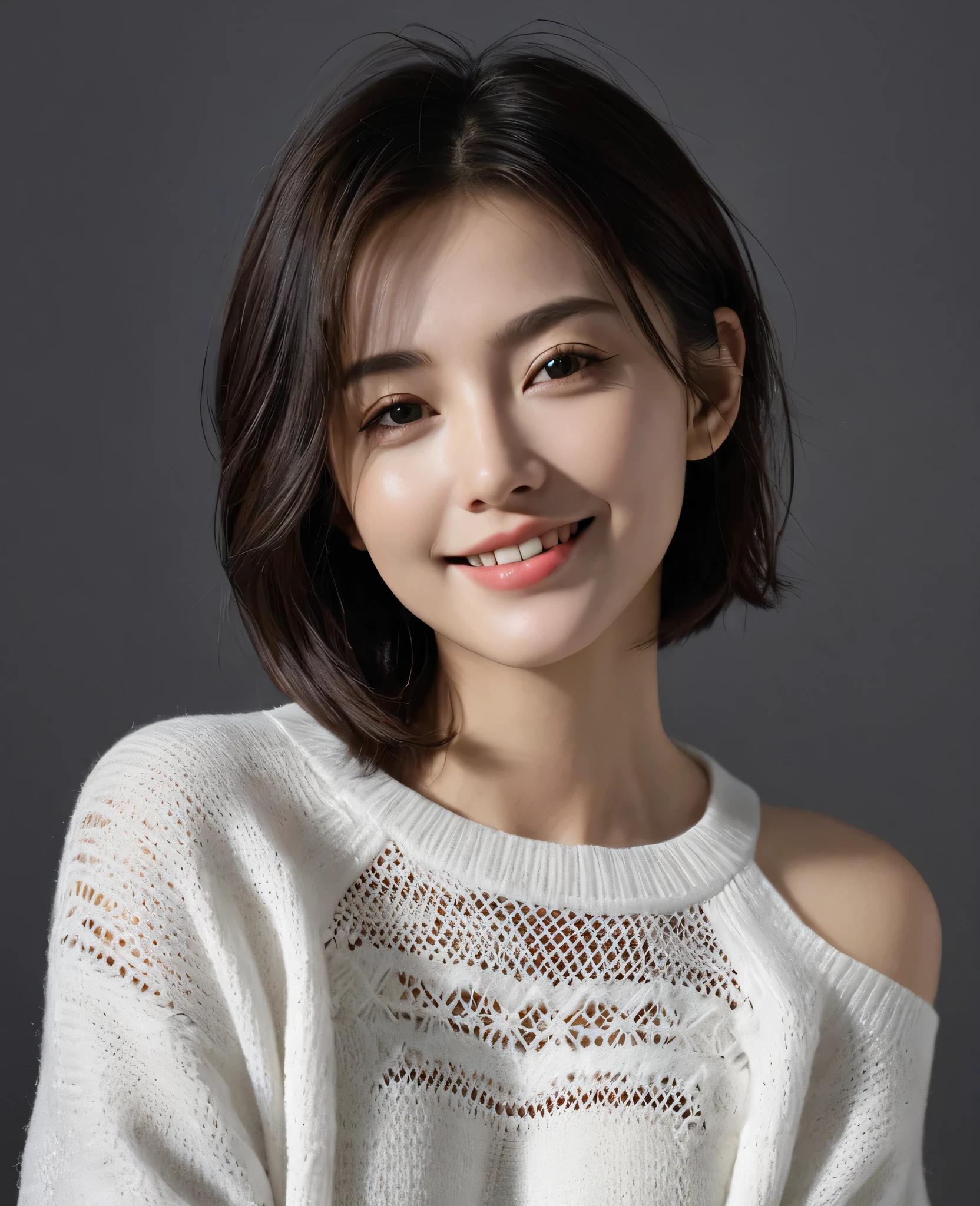 Best quality，masterpiece，Ultra-high resolution，(Realism:1.5)，original photo，1 Girl，Lower shoulder，in the darkness，Deep Shadows，Low profile，Openwork sweater，Cold Light，Attractive appearance，short hair，Half-length photo，Smile