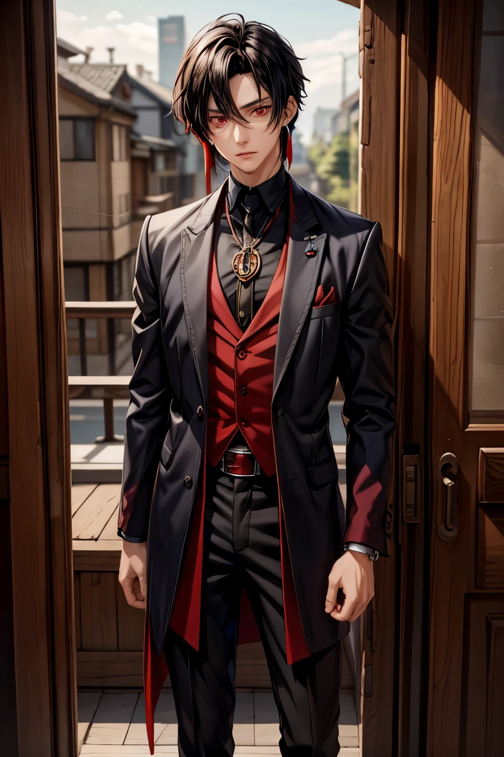 personaje de anime masculino, ojos rojos, pelo negro, pendientes largos con punta de reloj de arena azul, blue, ropa en tonos rojos y negros, male  