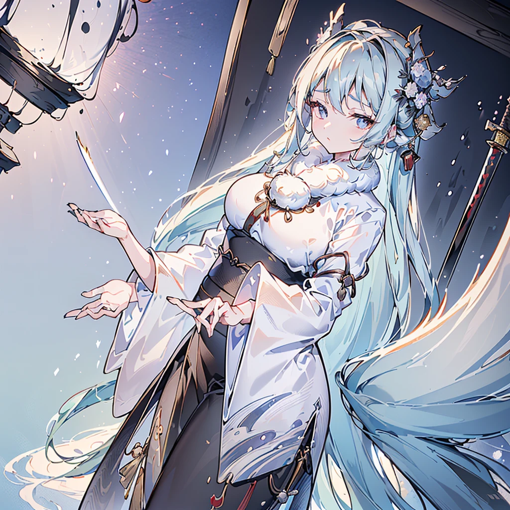 (extremely detailed 8K wallpaper),(ultra-detailed),(best quality),(masterpiece),(vertical painting),(highly detailed),(cinematic lighting),((asian art)),(((A beautiful girl with an indifferent expression stands on a bare snow mountain))),(((Image of the cold swordsman))),White clothes，black eyes，beautiful and clear eyes,(((cold expression))),simple background