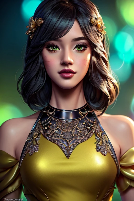 masterpiece, 1girl, detailed facial features, beautiful detailed eyes, beautiful detailed lips, extremely detailed face, long eyelashes, bob hairstyle, summer dress, high heels, full body shot, black green and yellow aesthetic background, digital art, anime style illustration, ultra detailed, 8k resolution, intricate, cinematic lighting, photorealistic, vibrant colors