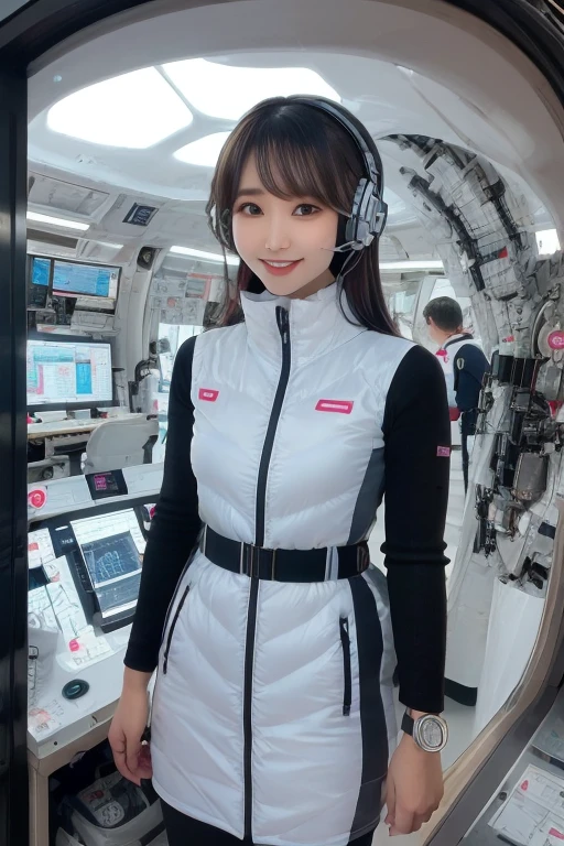 masterpiece, Highest quality, Very detailed, 8K Portrait,Japanese Android Girl,plump , Control panel,Robotic arms and legs, Blunt bangs,,break (Metallic Gray, Metallic luster, Mirror finish, Astro Best):5,headphone:5,break (Black sleeves):100,Smart Watches,Futuristic space station,Control Room,break headphone,blue eyes,(Black Hair):2,(Long Hair):1.3,Displaying the viewer,(respirator),break blush:3,Hidden Hand,smile